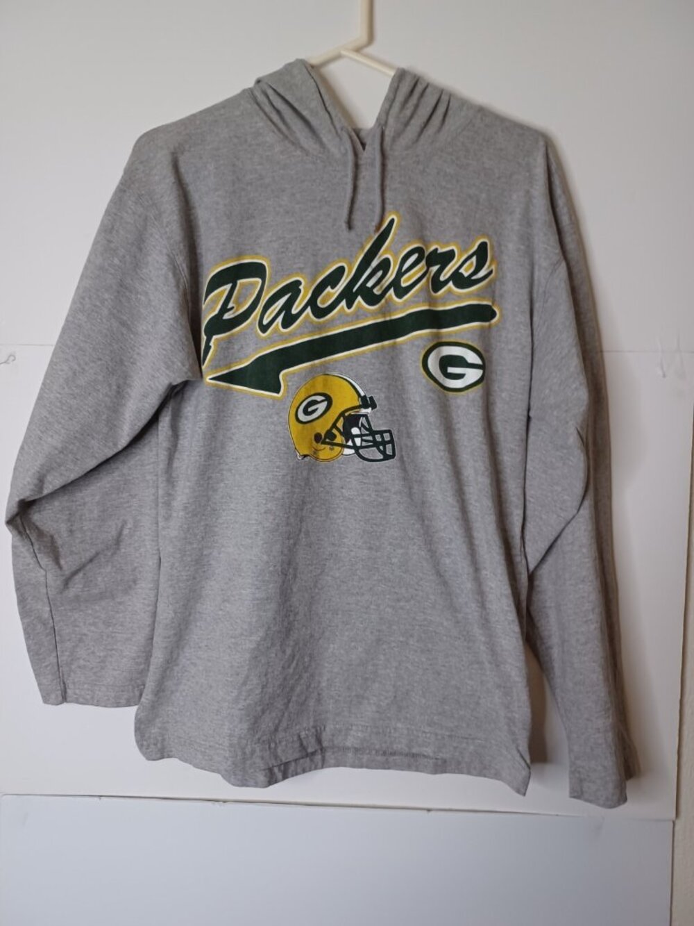 True Fan Green Bay Packers T Shirt Long Sleeve Gray Hooded Mens Size Medium